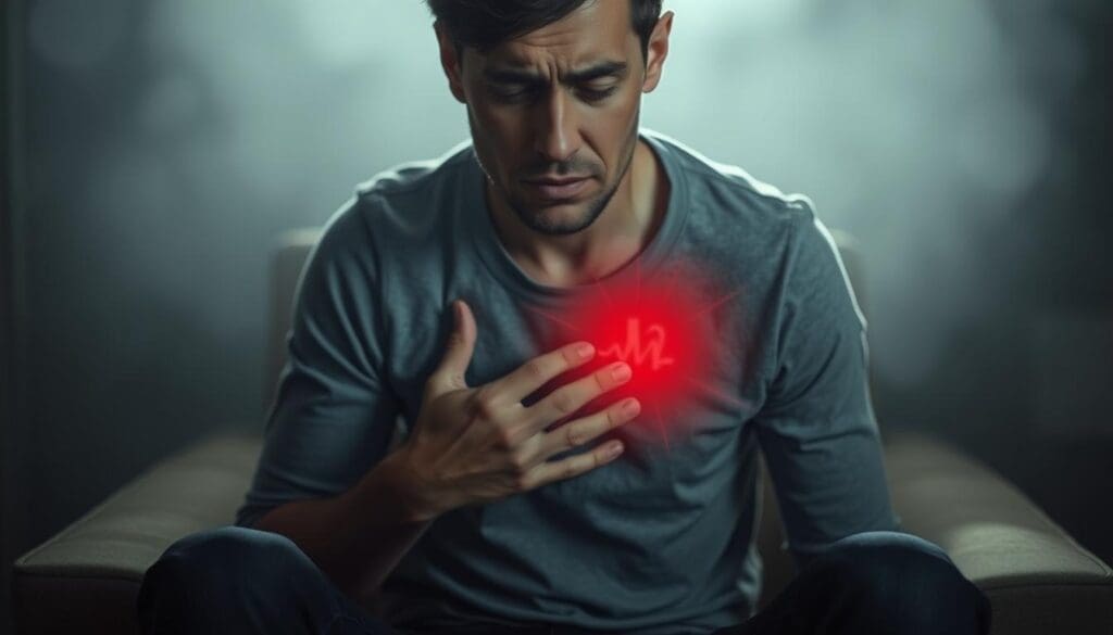 Anxiety and palpitations all day: a person sitting in a dimly lit room, clutching their chest, with a pained expression on their face. The foreground depicts the anguish and distress, with the person's hands trembling and a sense of panic in their eyes. The middle ground shows the person's chest, with visible heart palpitations and a rapid pulse. The background is hazy and out of focus, creating a sense of isolation and overwhelming emotions. The lighting is soft and dramatic, casting shadows that accentuate the person's anxiety and discomfort. The overall atmosphere is one of disquiet, tension, and a desperate need for relief.
