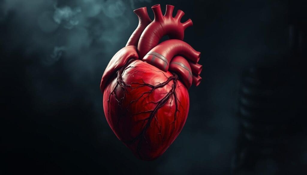 Intricate anatomical illustration of an anxious human heart palpitating against a dark, moody backdrop. The heart is rendered in vivid detail, its chambers expanding and contracting erratically, with visible blood vessels and nerves. Dramatic chiaroscuro lighting casts deep shadows, heightening the sense of tension and unease. The heart is set against a hazy, atmospheric environment, suggesting the overwhelming psychological distress of severe anxiety. Subtle hints of the chest and ribcage provide context, while maintaining the focus on the heart's distressed state. The overall tone is one of medical precision combined with an unsettling, visceral emotional impact.