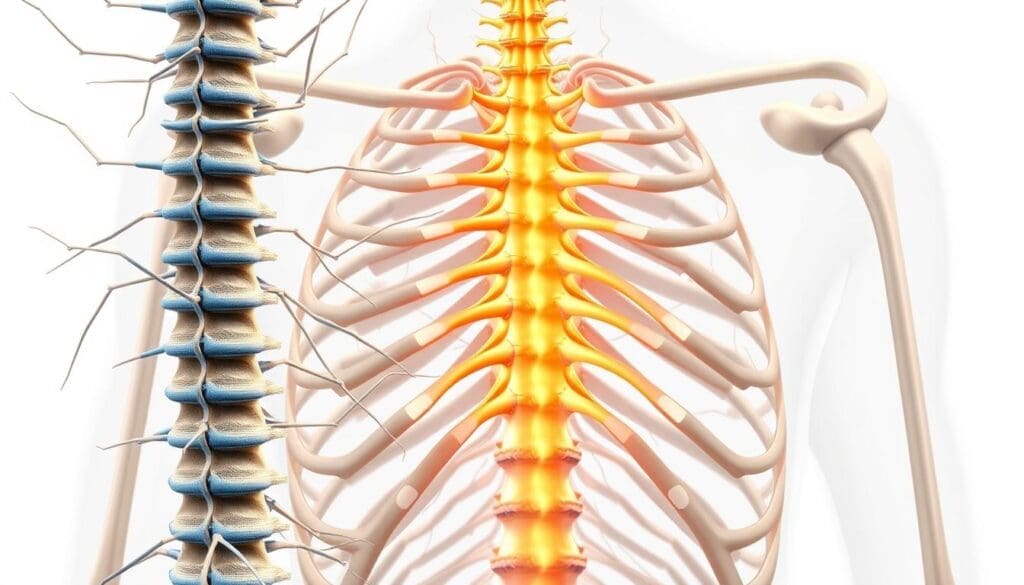 A detailed anatomical illustration depicting the thoracic nerves and their role in pain transmission. The foreground features the spinal cord and a network of branching nerves, showcasing the pathways through which sensory information travels from the back to the chest. The middle ground highlights the intricate connections between the thoracic vertebrae and the intercostal nerves, illustrating the potential for back pain to manifest as chest discomfort. The background subtly suggests the surrounding musculature and bone structure, providing context for the complex neural interactions. The overall composition is rendered with a sense of precision and clarity, using a clean, technical style and neutral lighting to emphasize the scientific nature of the subject matter.