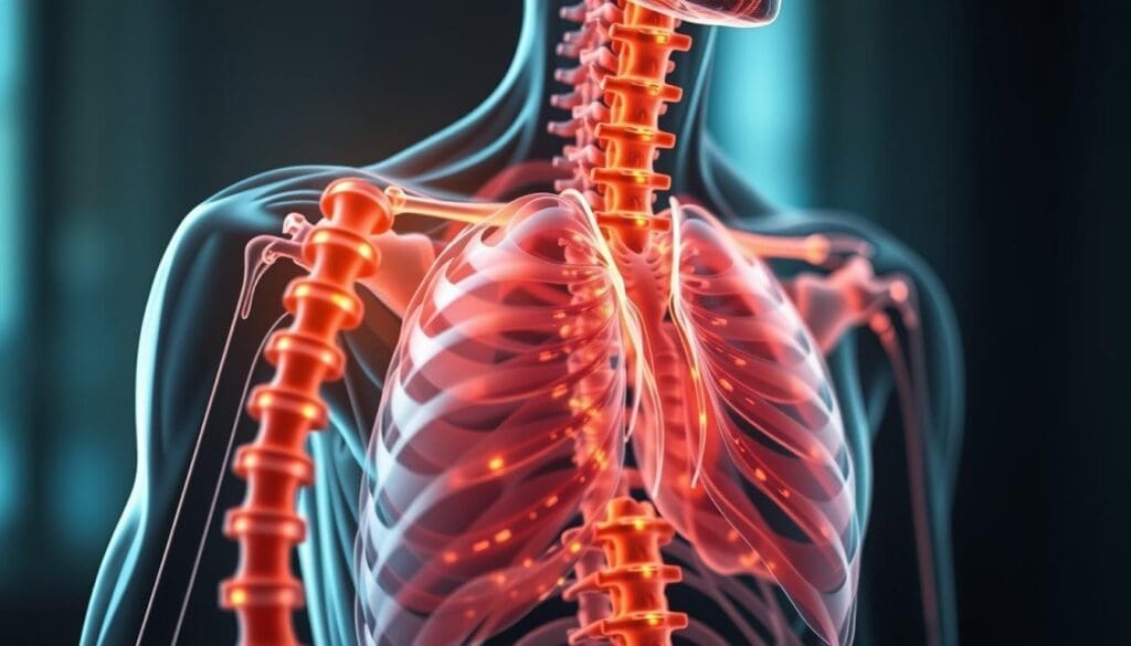 A detailed anatomical cross-section of the upper body, showcasing the intricate connection between the spine and chest. A glowing, semi-transparent spine floats in the foreground, its vertebrae and nerves illuminated, casting a warm glow. In the middle ground, the ribcage and lungs are visible, with subtle indications of tension and inflammation. The background is softly blurred, creating a sense of focus on the central spinal-chest relationship. The lighting is soft and diffuse, creating a contemplative, educational atmosphere, inviting the viewer to explore the intricate mechanics of this bodily connection.