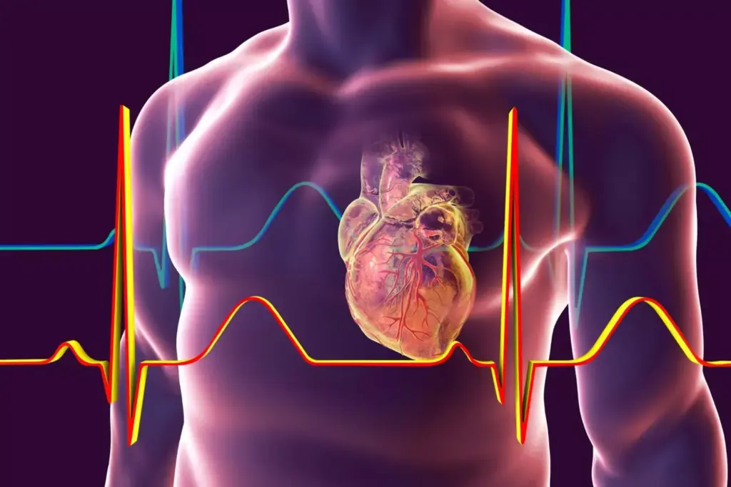 Atrial Fibrillation Illustration: A detailed, anatomically accurate depiction of the human heart, showcasing the irregular and chaotic electrical signals associated with atrial fibrillation. The heart is rendered in a photorealistic style, with a clear focus on the atria and the erratic patterns of the cardiac muscle fibers. The image should convey a sense of movement and disruption, with a subtle blue-tinted lighting to create a clinical, diagnostic atmosphere. Emphasize the intricate details of the heart's structure, including the pulmonary veins, the atrioventricular node, and the ventricular chambers. Present the illustration from a slightly elevated, three-quarter angle to provide a comprehensive view of the affected regions.