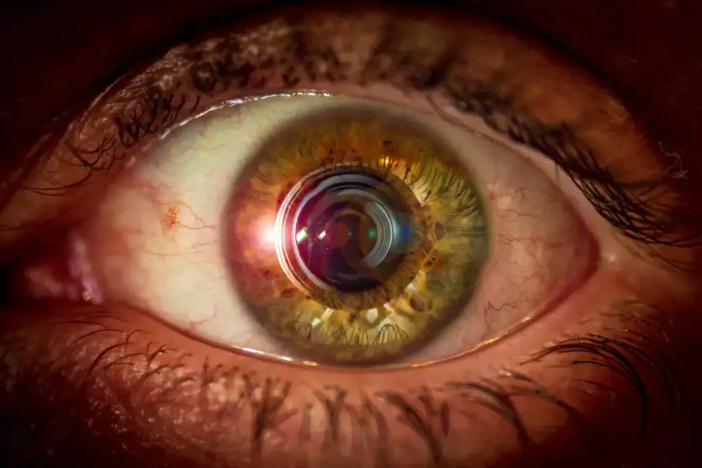 A close-up view of a person's eye, with a distorted, blurry, and discolored visual field, representing the effects of a brain tumor on vision. The eye appears strained, with a slight squint, and the surrounding area shows subtle signs of swelling or inflammation. The background is out of focus, creating a dreamlike, surreal atmosphere that enhances the sense of visual impairment. The lighting is soft and diffused, casting a warm, muted tone over the scene, conveying a sense of unease and discomfort associated with the condition.