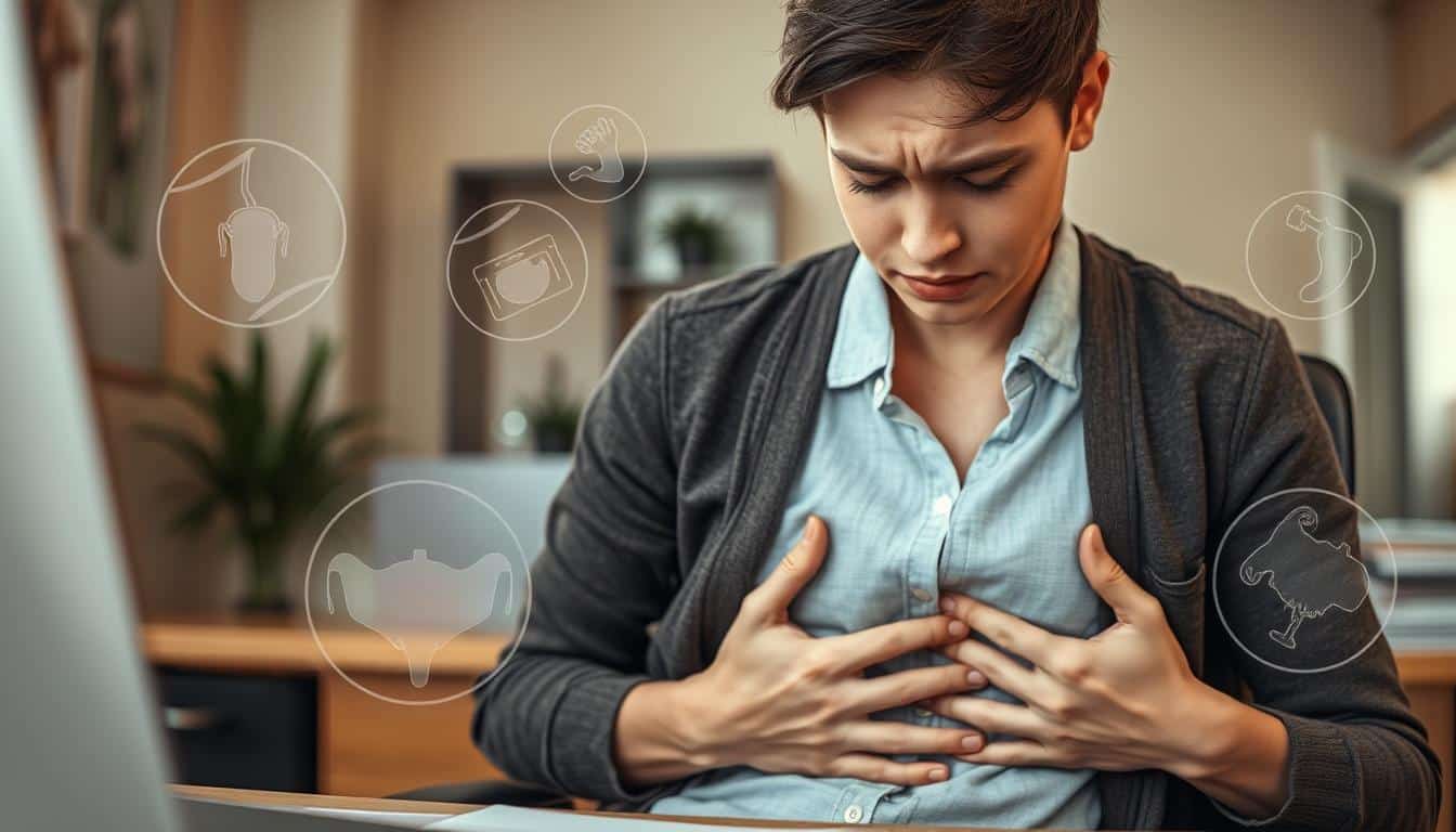 A close-up view of a person experiencing UTI symptoms, depicted in a professional setting. The subject, a young adult in modest casual clothing, is sitting at a desk with a pained expression, holding their lower abdomen, symbolizing discomfort. The middle layer features a faint overlay of common UTI symptoms illustrated as light, ethereal icons (e.g., a painful bladder, aching muscles) surrounding the subject. The background shows a softly lit office environment, with a warm light filtering through a window, creating a calm yet concerned atmosphere. The image is shot in a medium focus, emphasizing both the subject's expression and the symbolic icons. The overall mood reflects a blend of discomfort and an indication of health concerns, suitable for educational purposes.